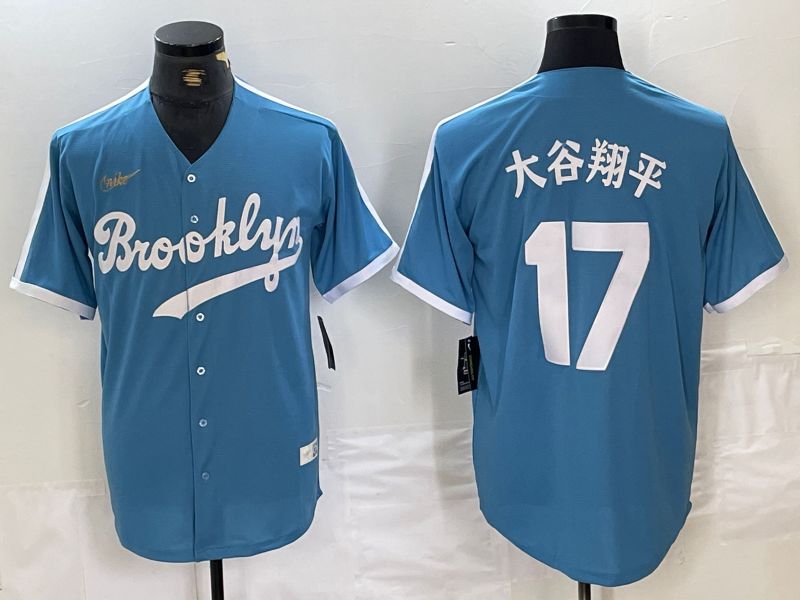Men Los Angeles Dodgers #17 Ohtani Light blue Throwback 2024 Nike MLB Jersey style 4